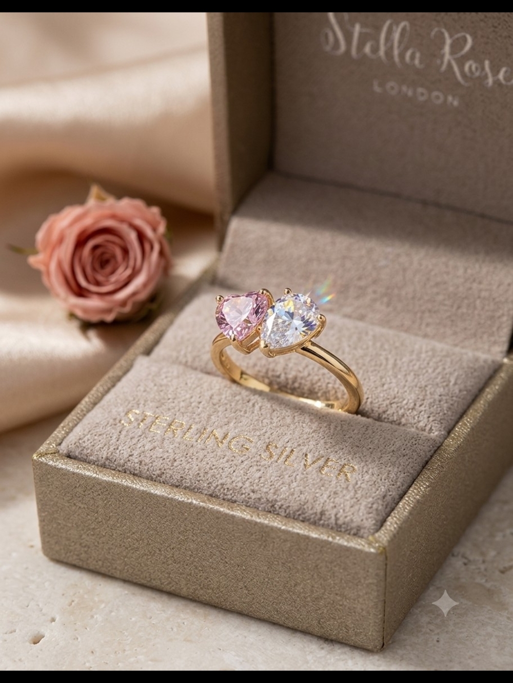 Gold Sterling Silver Ring with Pink and Clear Heart Stones